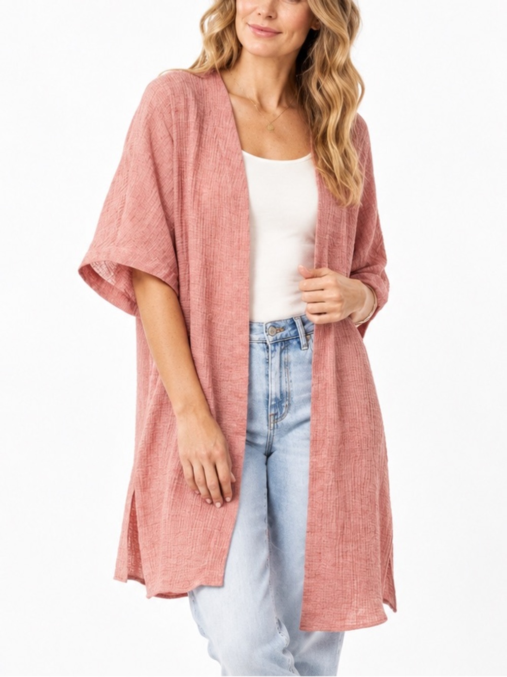 Soft Surroundings Large Dusty Rose Pink Crinkle Gauze Kimono Duster Cardigan